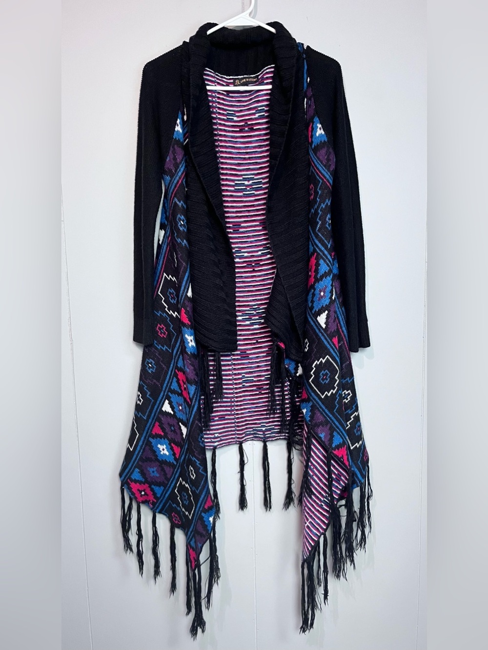 Love & Legend Black Open-Front Shawl Cardigan with Aztec Fringe
